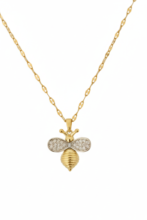 Arı Figürlü Zirkon Taşlı Gold Kadın 316L Çelik Kolye