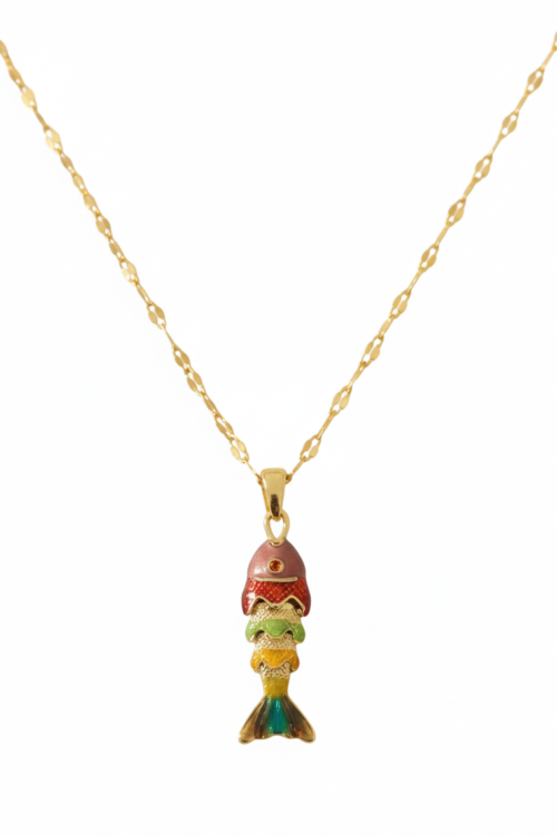Renkli Mineli Balık Figürlü Hareketli Kadın Gold Kaplama 316L Paslanmaz Çelik Kolye