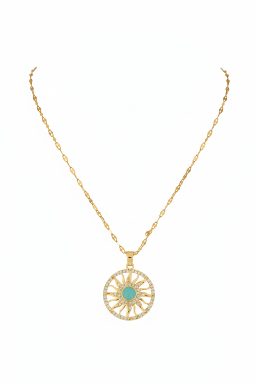 Gold Güneş Figürlü Turkuaz Taşlı Kadın 316L Paslanmaz Çelik Kolye